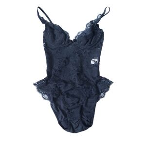 Vtg 80' Victoria's Secret Gold Label Black Lace Bodysuit 34B